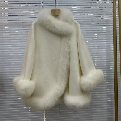 Women's Winter Real Fur Coat with Natural Fox Fur Collar and Wool Blend