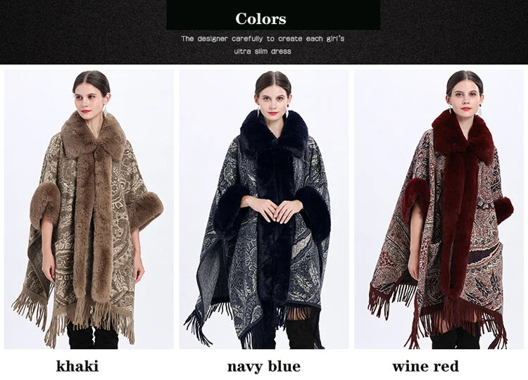 Soft Warm Wool Blend Cape Coat with Faux Fur and Tassels for Women
