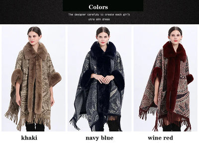 Soft Warm Wool Blend Cape Coat with Faux Fur and Tassels for Women
