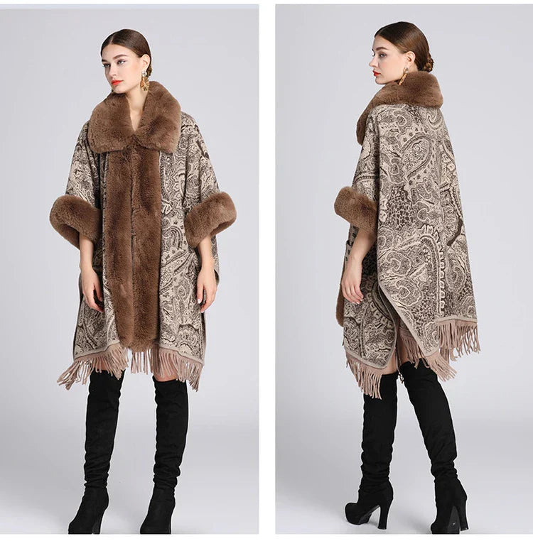 Soft Warm Wool Blend Cape Coat with Faux Fur and Tassels for Women