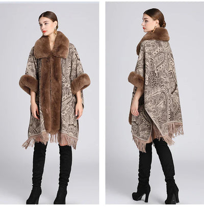 Soft Warm Wool Blend Cape Coat with Faux Fur and Tassels for Women