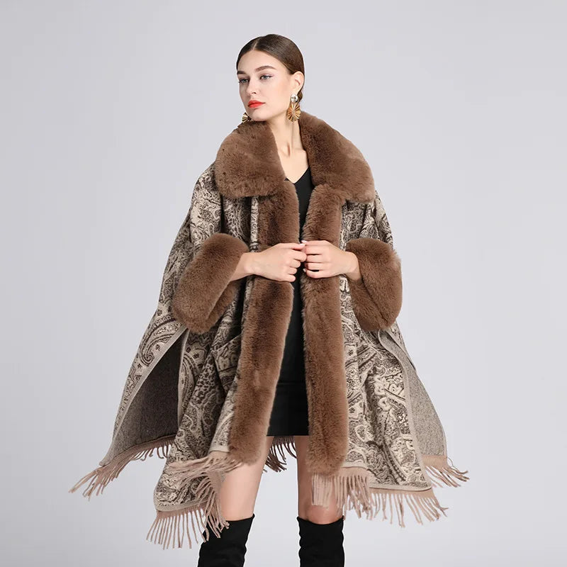 Soft Warm Wool Blend Cape Coat with Faux Fur and Tassels for Women