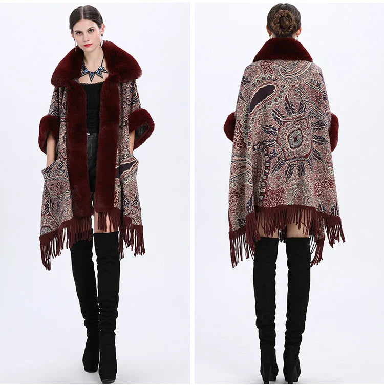 Soft Warm Wool Blend Cape Coat with Faux Fur and Tassels for Women