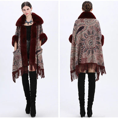 Soft Warm Wool Blend Cape Coat with Faux Fur and Tassels for Women