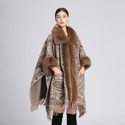 Soft Warm Wool Blend Cape Coat with Faux Fur and Tassels for Women