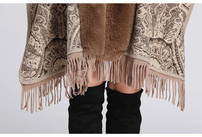 Soft Warm Wool Blend Cape Coat with Faux Fur and Tassels for Women