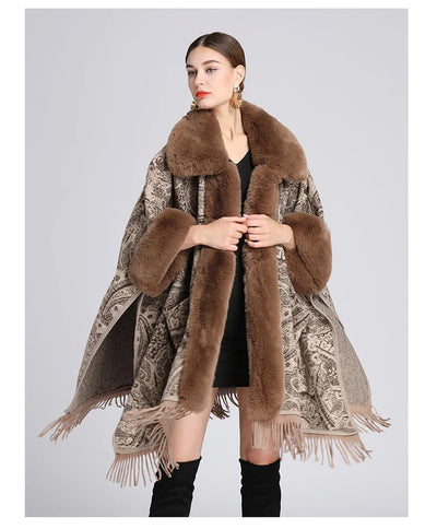 Soft Warm Wool Blend Cape Coat with Faux Fur and Tassels for Women