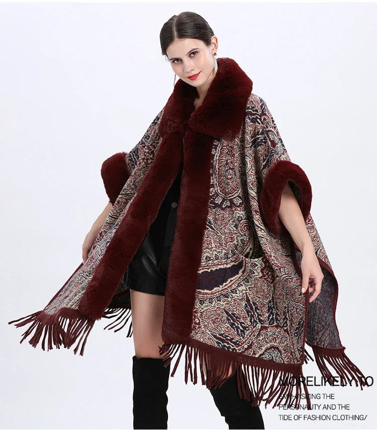 Soft Warm Wool Blend Cape Coat with Faux Fur and Tassels for Women