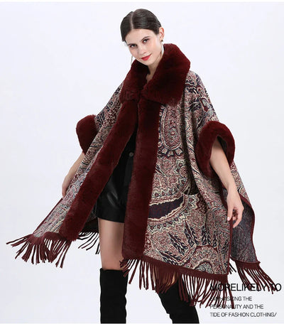 Soft Warm Wool Blend Cape Coat with Faux Fur and Tassels for Women