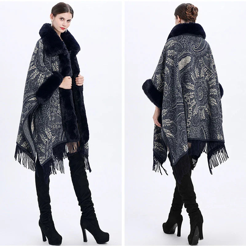 Soft Warm Wool Blend Cape Coat with Faux Fur and Tassels for Women