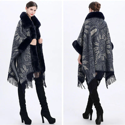 Soft Warm Wool Blend Cape Coat with Faux Fur and Tassels for Women