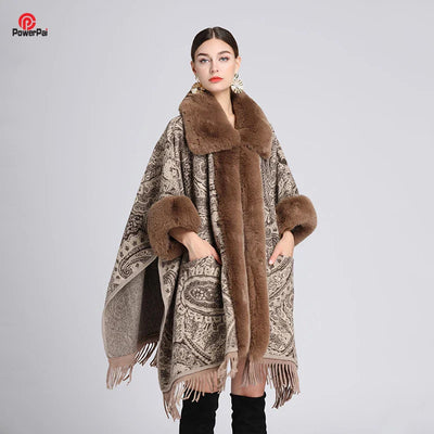 Soft Warm Wool Blend Cape Coat with Faux Fur and Tassels for Women