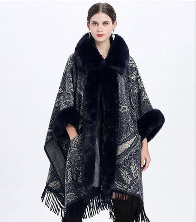 Soft Warm Wool Blend Cape Coat with Faux Fur and Tassels for Women