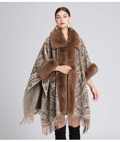 Soft Warm Wool Blend Cape Coat with Faux Fur and Tassels for Women