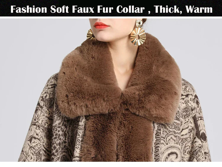 Soft Warm Wool Blend Cape Coat with Faux Fur and Tassels for Women