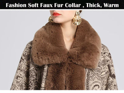 Soft Warm Wool Blend Cape Coat with Faux Fur and Tassels for Women
