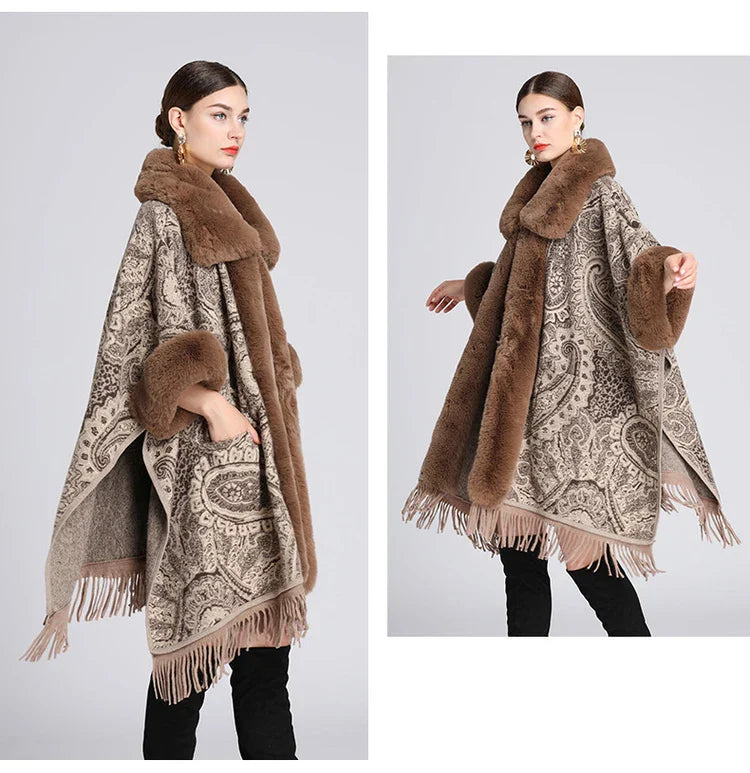 Soft Warm Wool Blend Cape Coat with Faux Fur and Tassels for Women