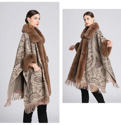 Soft Warm Wool Blend Cape Coat with Faux Fur and Tassels for Women