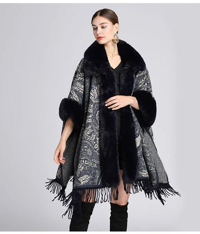 Soft Warm Wool Blend Cape Coat with Faux Fur and Tassels for Women
