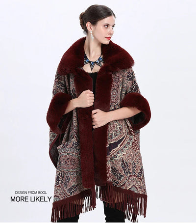 Soft Warm Wool Blend Cape Coat with Faux Fur and Tassels for Women