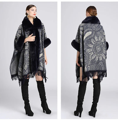 Soft Warm Wool Blend Cape Coat with Faux Fur and Tassels for Women