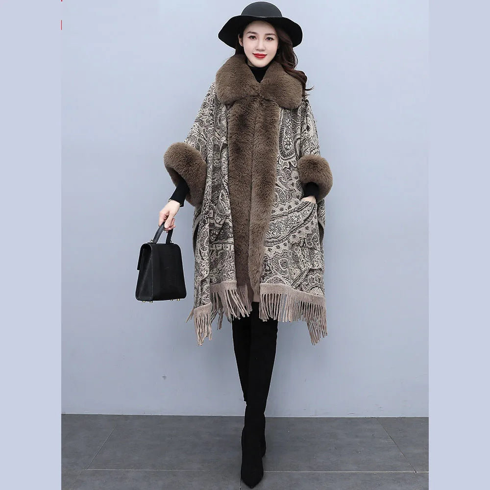 Soft Warm Wool Blend Cape Coat with Faux Fur and Tassels for Women