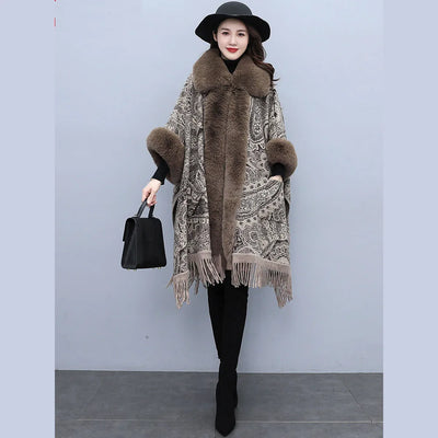 Soft Warm Wool Blend Cape Coat with Faux Fur and Tassels for Women