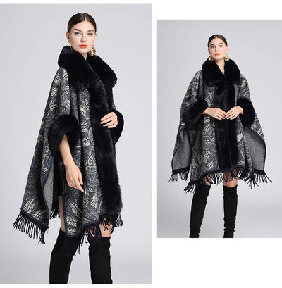 Soft Warm Wool Blend Cape Coat with Faux Fur and Tassels for Women
