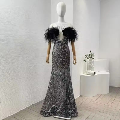 The Manzi Luxury,Feather Sequined Luxury Black Gown