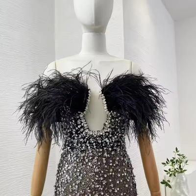 The Manzi Luxury,Feather Sequined Luxury Black Gown