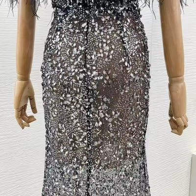 The Manzi Luxury,Feather Sequined Luxury Black Gown