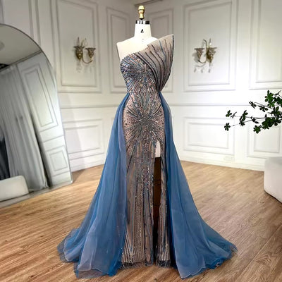 The Matea Luxury Bequin Blue Skirt, High Split Beaded Evening Gown