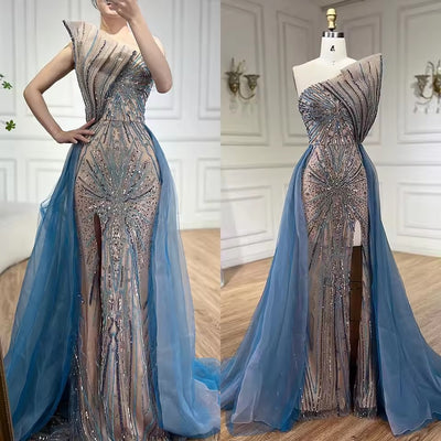 The Matea Luxury Bequin Blue Skirt, High Split Beaded Evening Gown