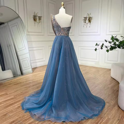 The Matea Luxury Bequin Blue Skirt, High Split Beaded Evening Gown