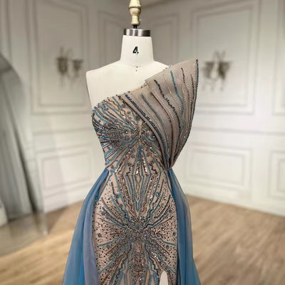 The Matea Luxury Bequin Blue Skirt, High Split Beaded Evening Gown