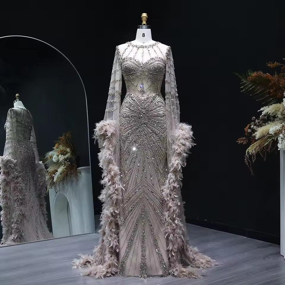 The Caprionnie, Luxury Beaded Feather Evening Gown