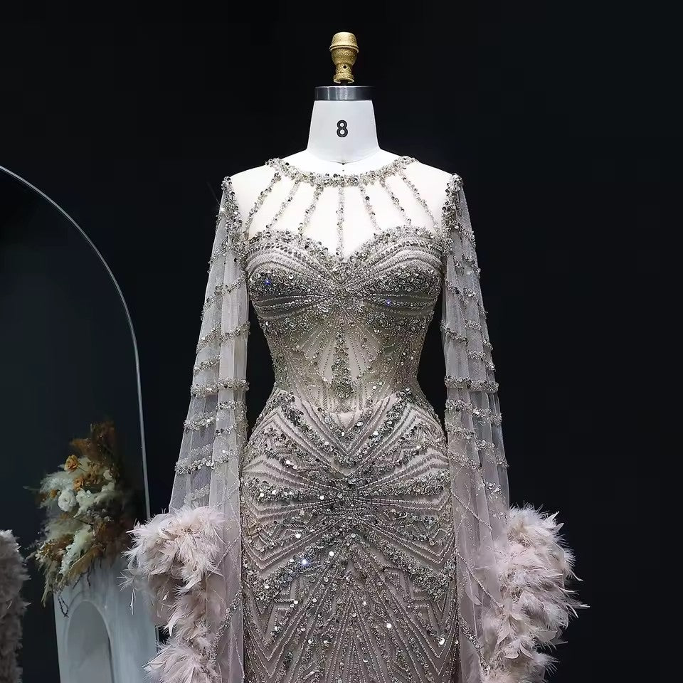 The Caprionnie, Luxury Beaded Feather Evening Gown