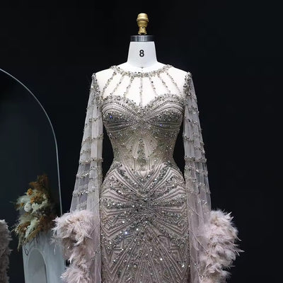 The Caprionnie, Luxury Beaded Feather Evening Gown