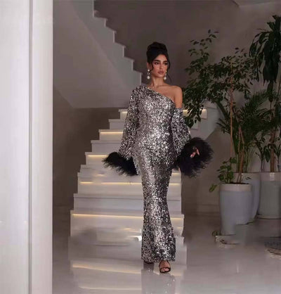 The Petha Luxury Feather Sequin Fitted Sliver Evening Gown