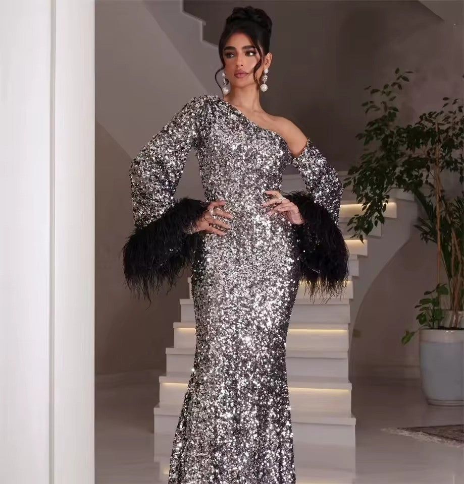 The Petha Luxury Feather Sequin Fitted Sliver Evening Gown
