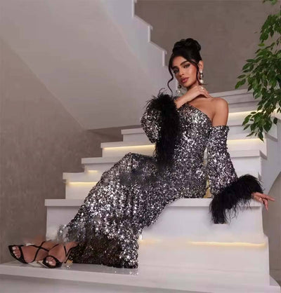 The Petha Luxury Feather Sequin Fitted Sliver Evening Gown