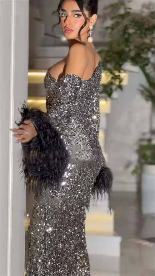 The Petha Luxury Feather Sequin Fitted Sliver Evening Gown