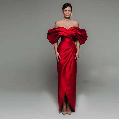 The Raquel Luxury Red Evening Off Shoulder Puff Sleeves Gown
