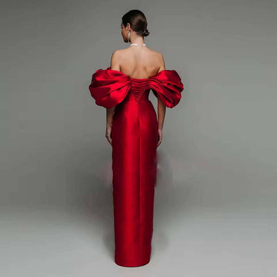 The Raquel Luxury Red Evening Off Shoulder Puff Sleeves Gown