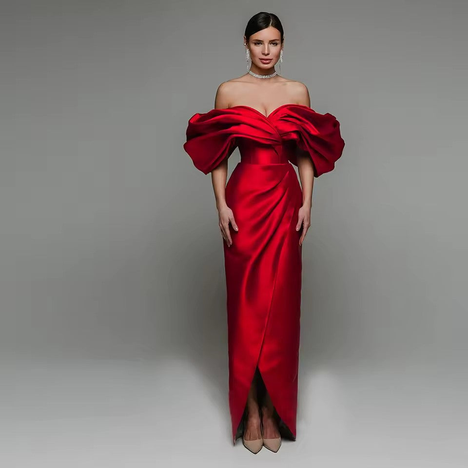 The Raquel Luxury Red Evening Off Shoulder Puff Sleeves Gown