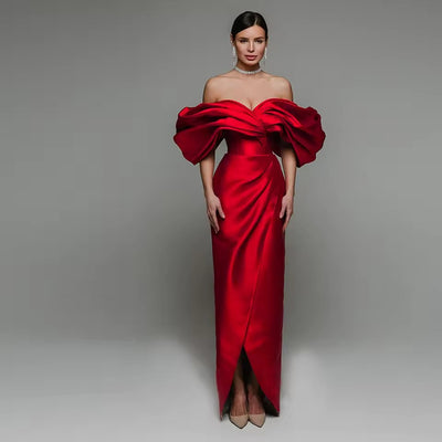 The Raquel Luxury Red Evening Off Shoulder Puff Sleeves Gown