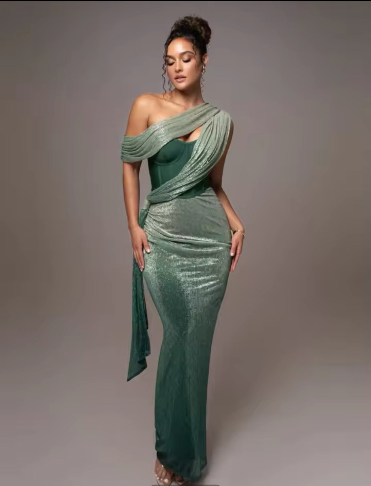 The Monix: One-Shoulder Glitter Corset Gown in Sparkling Brown