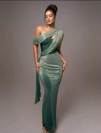 The Monix: One-Shoulder Glitter Corset Gown in Sparkling Brown