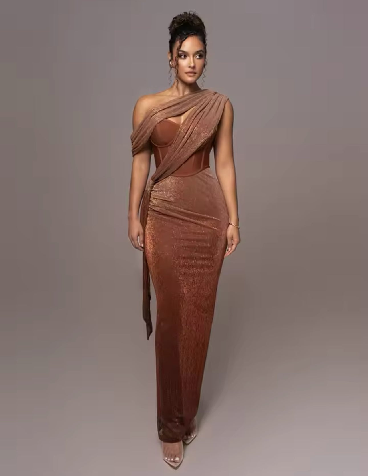 The Monix: One-Shoulder Glitter Corset Gown in Sparkling Brown