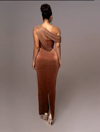 The Monix: One-Shoulder Glitter Corset Gown in Sparkling Brown